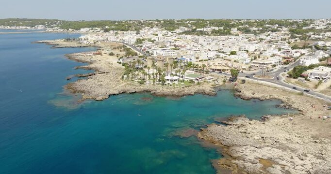 Aerial view of Santa Maria al Bagno, hamlet of the municipality of Nard&ograve; in Salento, Puglia, Italy. It's a small tourist town famous for its four columns on the sea, ruins of an ancient fortification.