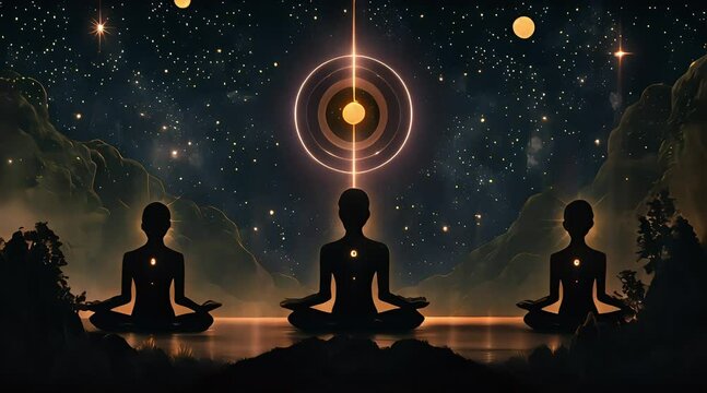The Seven Chakras, meditating people in the universe, with golden lines on a dark brown background