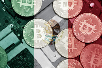 flag of mexico on the bitcoins with computer electronic circuit board background. bitcoin concept.