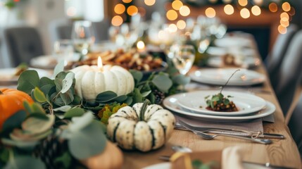 Elegant Thanksgiving Banquet in Modern Dining Room with Chic Fall Decor and Glassware