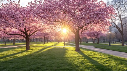 Sun shining through a grove of blooming cherry trees in a park.