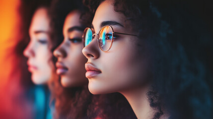 three young, multiethnic women wearing glasses, standing together in a dark room