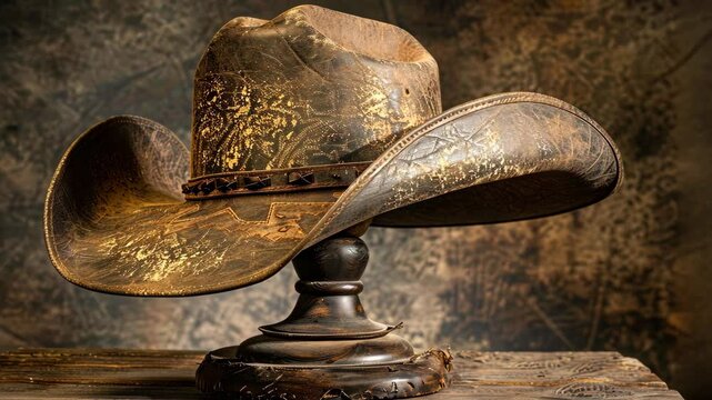A worn leather cowboy hat sits on a wooden stand, the hat's brim tilted slightly