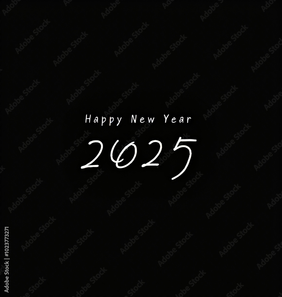 Poster a minimalist abstract design for a happy new year 2025 greeting card features a black background and