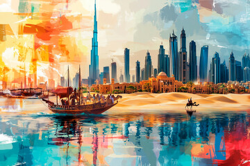 collage of United Arab Emirates: Modern luxury and tradition, desert dunes with camels, traditional souks, Dubai&rsquo;s skyline, and dhow boats on the Persian Gulf