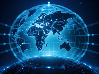 a digital globe illuminated with interconnected lines and nodes, set against a deep blue background. The representation highlights global connectivity and data exchange