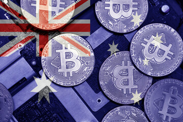 flag of australia on the bitcoins with computer electronic circuit board background. bitcoin...
