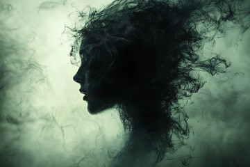 Dark surreal digital artwork of a merging human silhouette with organic forms, evoking a mysterious and contemplative atmosphere. It symbolizes mental illness and inner struggle.