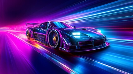 Obraz premium A futuristic concept car speeding along a neon-lit highway at night. 