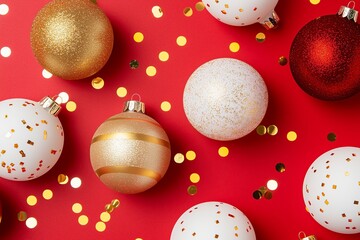 Christmas bauble repeating pattern in red white and gold baubles, foil confetti, flat lay, top view, red solid color background