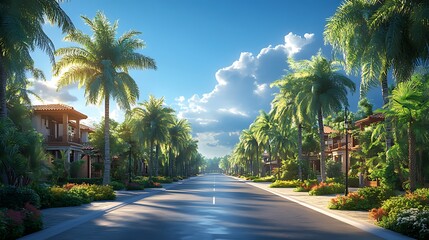 Fototapeta premium A picturesque street lined with palm trees and houses, bathed in the warm glow of the setting sun.