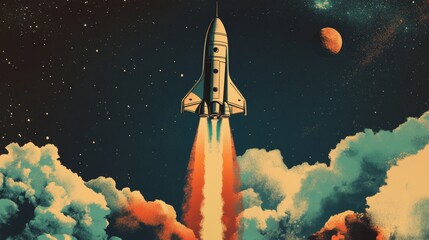 A retro-style poster of a spaceship launching into space with bold typography