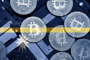 flag of Nauru on the bitcoins with computer electronic circuit board background. bitcoin concept.