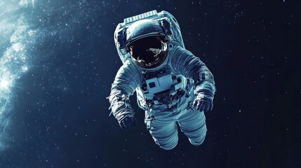 An astronaut floating in space, surrounded by stars and distant galaxies. 