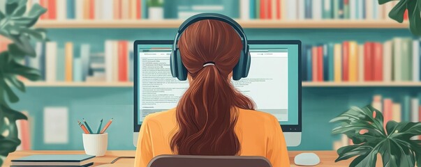 Woman with Headphones Attending Online Lecture