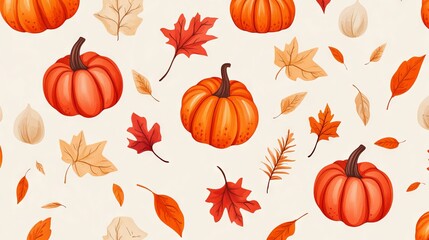 A pattern of pumpkins and leaves with a fall theme