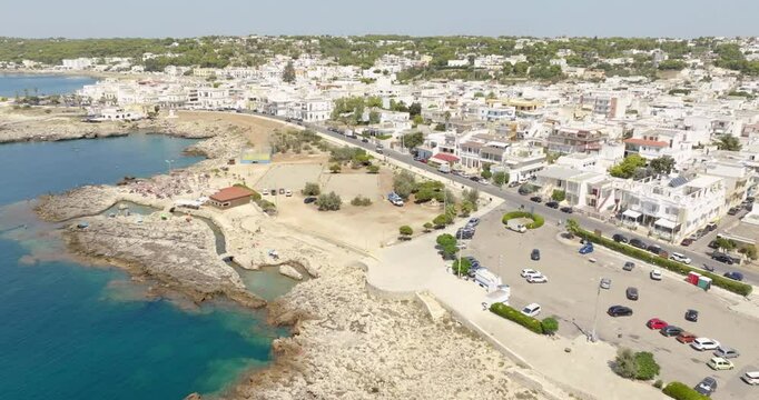 Aerial view of Santa Maria al Bagno, hamlet of the municipality of Nard&ograve; in Salento, Puglia, Italy. It's a small tourist town famous for its four columns on the sea, ruins of an ancient fortification.