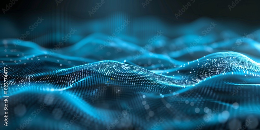 Poster abstract blue technology background featuring digital waves and dynamic networks.