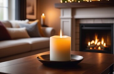 Banner. Close-up of a lit candle on a coffee table against the backdrop of a blurry living room with a fireplace and sofa. 