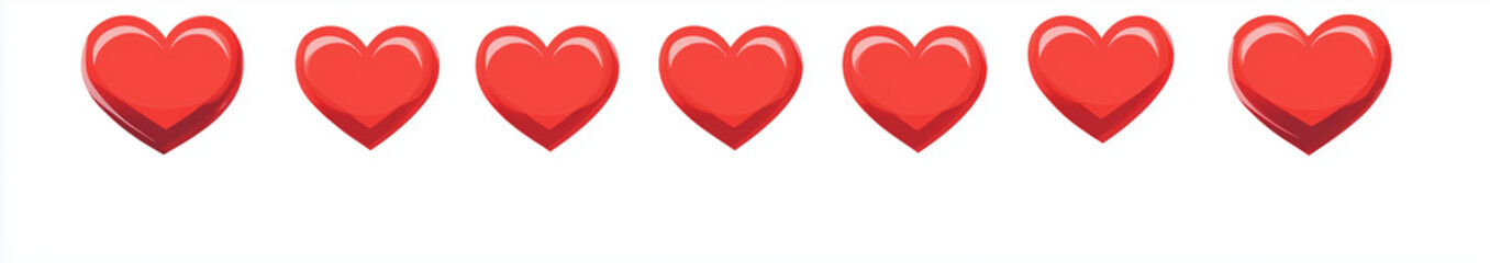 Row of red hearts on white background, love concept
