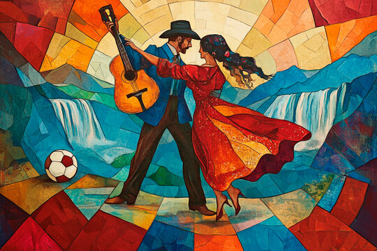 an artwork featuring symbols of Argentina." Include the Andes mountains, a tango dancer, a gaucho hat, a soccer ball, a steak on a grill, and the Iguazu Falls. Use bold reds and blues