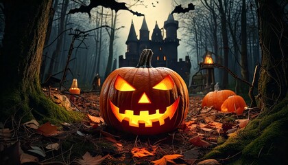 Halloween pumpkin in the forest.