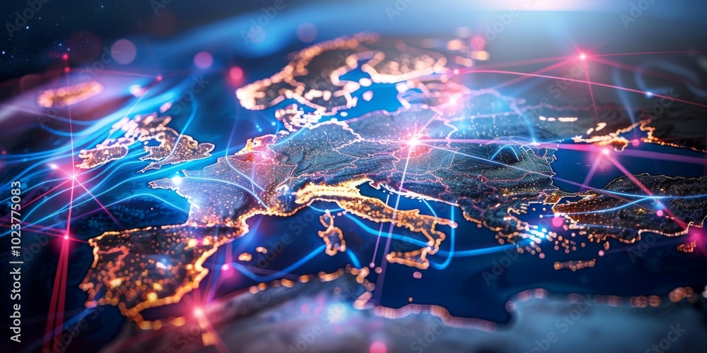 Poster abstract representation of europe emphasizing digital connectivity.
