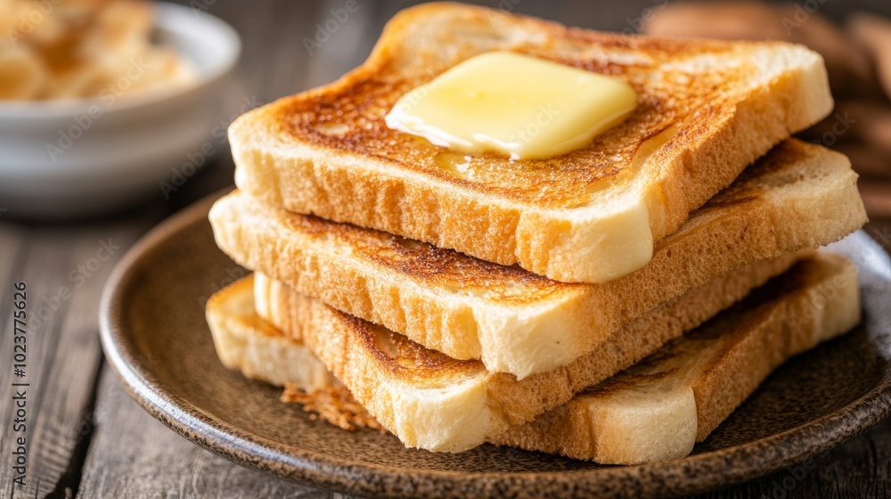 Poster delicious buttered toast on a rustic plate