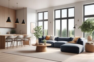 Fototapeta premium General plan. Modern living room in Scandinavian style with lots of light and wood. 