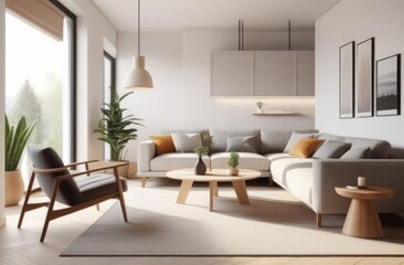 Fototapeta premium Modern living room in Scandinavian style with lots of light and wood. Interior design.