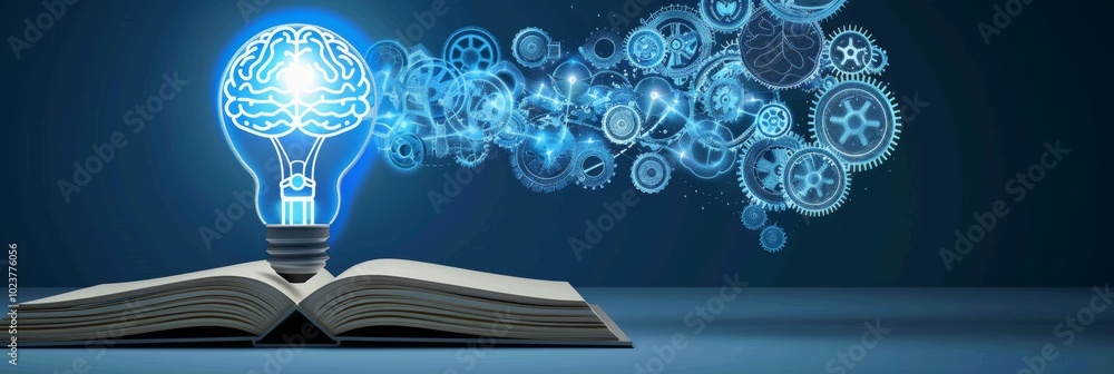 Poster light bulb with brain and gears on open book symbolizing knowledge, learning, and creativity