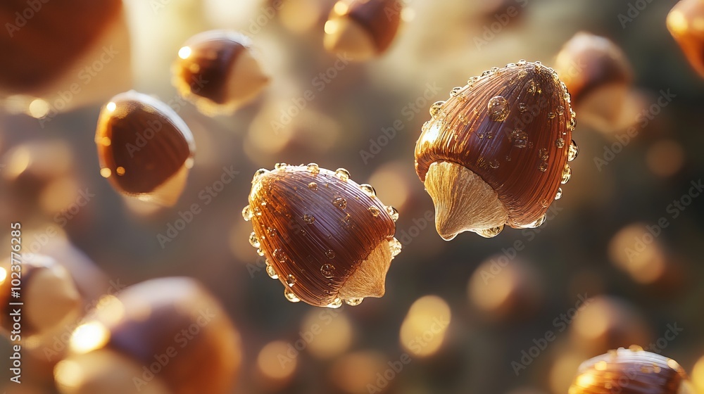 Poster abstract interpretation of thanksgiving with floating acorns representing seeds of gratitude.