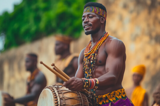 
Ghana's cultural heritage" &ndash; The Cape Coast Castle, Kente cloth, a portrait of Kwame Nkrumah, traditional drummers, and the historic Ashanti Kingdom artifacts