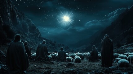 Shepherds surprised in their campsite by an extraordinary light from the sky, performing dramatic gestures, The Angelic Announcement to the Shepherds, The Annunciation to the Shepherds, Christmas