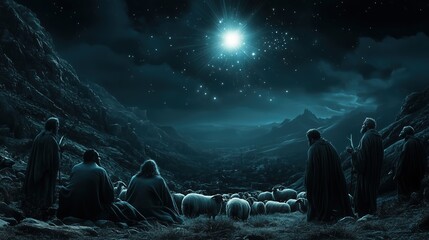 Shepherds surprised in their campsite by an extraordinary light from the sky, performing dramatic gestures, The Angelic Announcement to the Shepherds, The Annunciation to the Shepherds, Christmas
