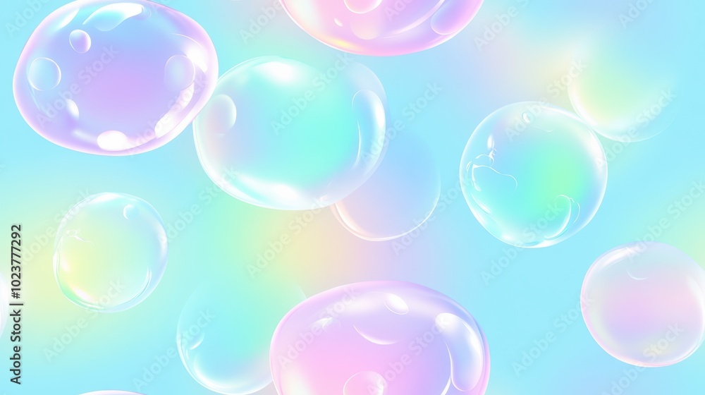 Wall mural seamless pattern of transparent soap bubbles floating against a light blue background, creating a pl