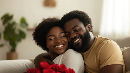 Fototapeta premium Romantic african couple embracing in a sea of red roses, surrounded by glowing lights, sharing a tender moment.