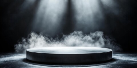 A striking dark podium set against a smoky black backdrop.