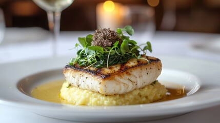 Gourmet Seafood Delicacy: Grilled Halibut on Creamy Polenta with Saut&eacute;ed Spinach