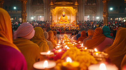 Guru Nanak Jayanti celebration at Gurdwara, Sikh devotees gather in colorful traditional clothes, they pray and sing religious songs inside the temple decorated with lights and flowers