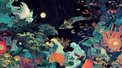 Detailed and vibrant underwater fantasy scene with diverse coral, fish, and marine life, capturing a whimsical, otherworldly aquatic landscape.