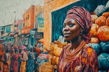 
Nigeria, a blend of tradition and modernity" – Lagos skyline, Nollywood film posters, traditional Yoruba masks, a Fulani herder with cattle, and colorful market scenes filled with fabrics and food