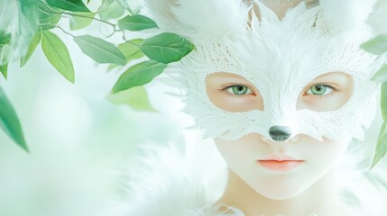 A child wearing a feathered white mask with bright green eyes. Concept: fantasy, mystery.