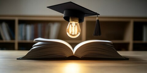 Innovative digital learning concept featuring an open book and a light bulb.