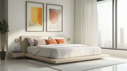 Modern minimalist bedroom with large windows and artwork