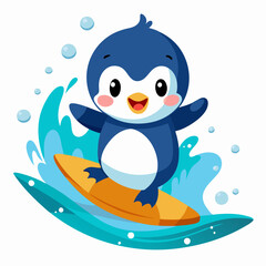 A cute baby penguin riding a surfboard in the ocean, with splashing water and fish, bubbles around it on white background 