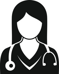 This simple, black and white vector illustration depicts a female doctor wearing a stethoscope