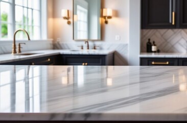 Banner. Close-up of a marble countertop against a blurred background of a modern bathroom. Background for product photography.