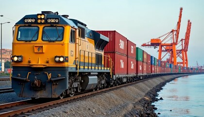 Fototapeta premium Freight Train with Colorful Cargo Containers in a Scenic Rural Landscape: Ideal for Transport and Travel Themes
