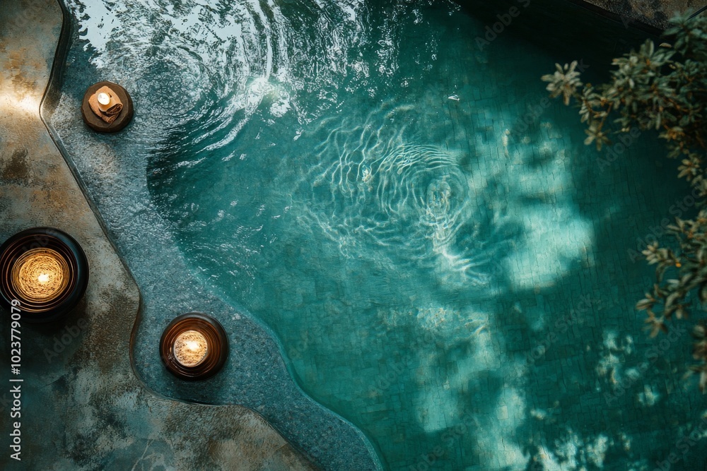 Aufkleber a pool with three candles in it. scene is calm and relaxing